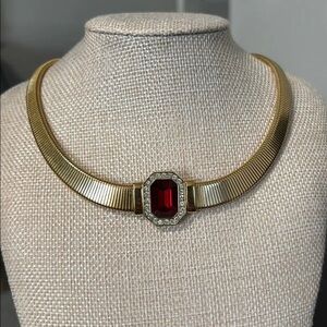 Vintage Elegant Givenchy Gold Necklace with Red Gemstone